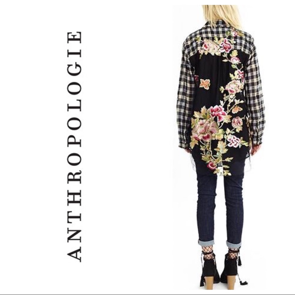 Anthropologie Black Plaid Button-Down Shirt with Floral Embroidery